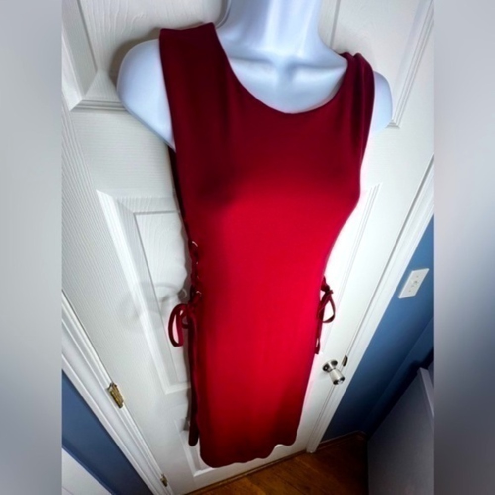 Ann Taylor Womens Medium Red Jersey Sleeveless A-Line Dress Lace Up Sides M FLAW
